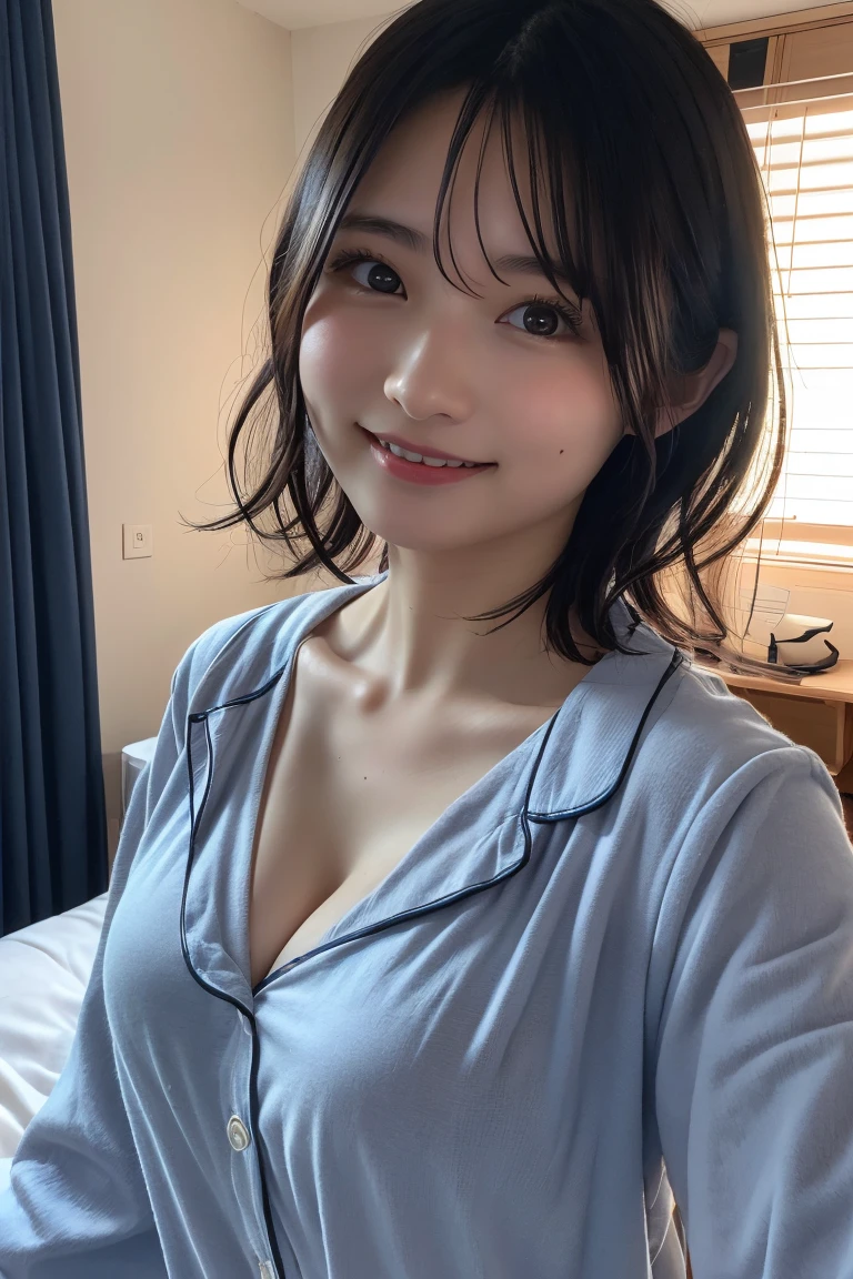 (8K, RAW Photos, Highest quality, High resolution: 1.1), (ultra Realistic: 1.4), (Realistic, Realistic: 1.3), The Beauty of Japan, pajamas, ((Upper Body: 1.3)) High resolution, Realistic image of a Japanese woman with short hair, She has big breasts and red cheeks, Look at that, smile She looks at it, smile, While taking a selfie. Her smartphone is close to her face. She appears to be live streaming from her home., Spread on the bed, With a blanket over my chest.、深night、night