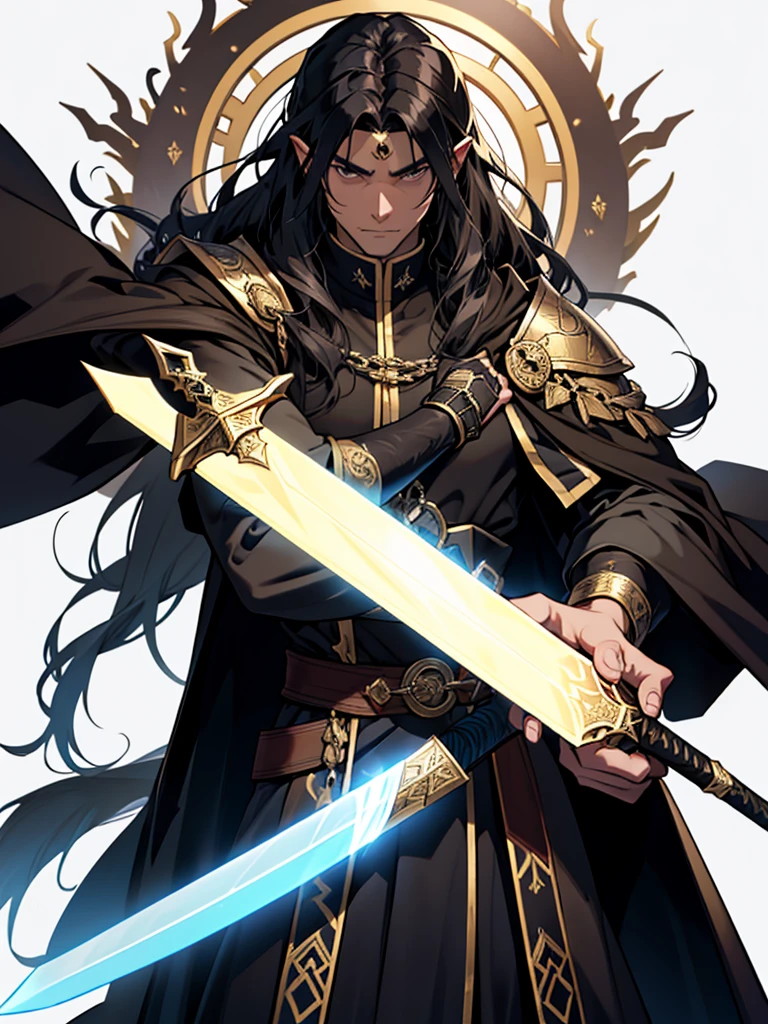 25 year old male、Demon、Black long hair、Brown skin、Magic Sword、A black cloak with a gold crest、White background、赤い目