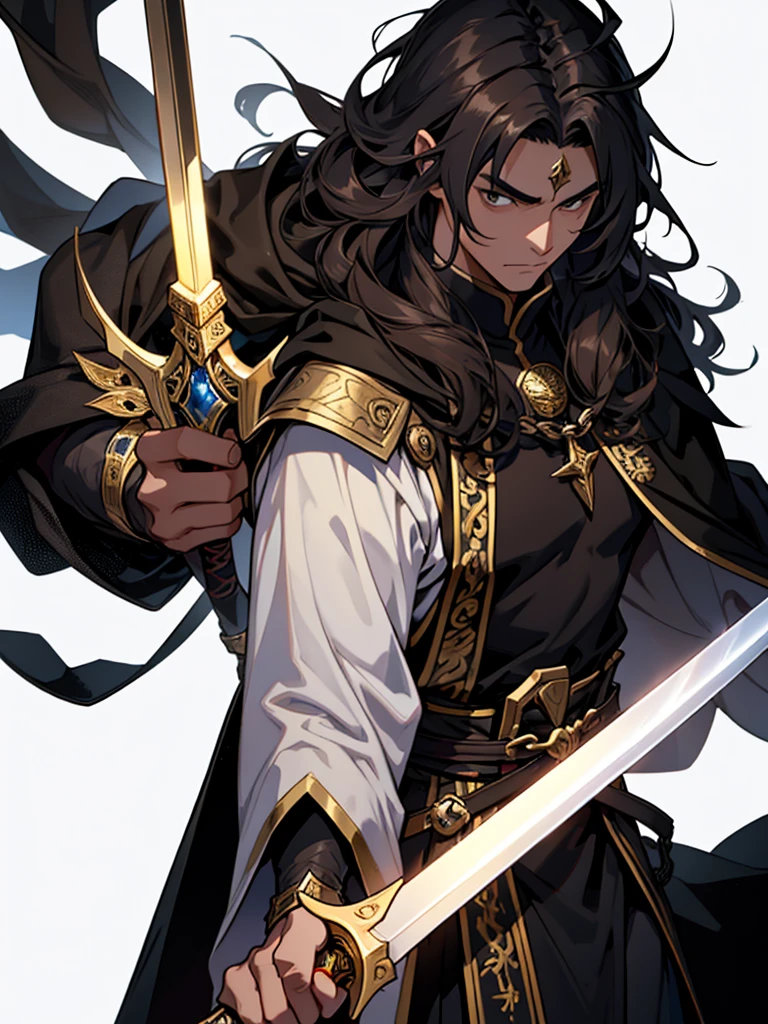 25 year old male、Demon、Black long hair、Brown skin、Magic Sword、A black cloak with a gold crest、White background、赤い目