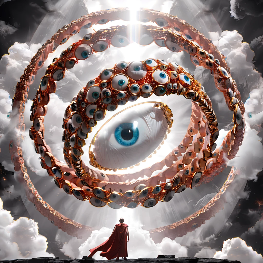 seraphins, mystical creature with hundreds of eyes and wings, with the shape of a giant ring, circular hoops around body, massive size, angelical lights
