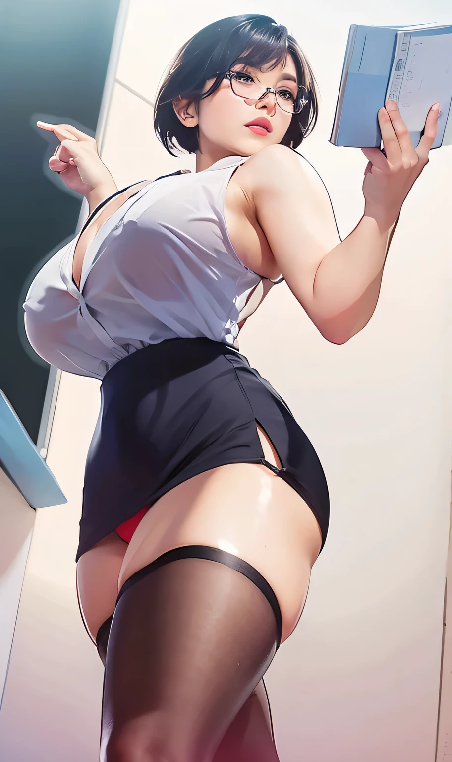 teacher, bob hair, glasses, sexy, tight white shirt, unbuttoned, sleeveless, armpit, tight short black skirt, red thong, black stocking, sexy