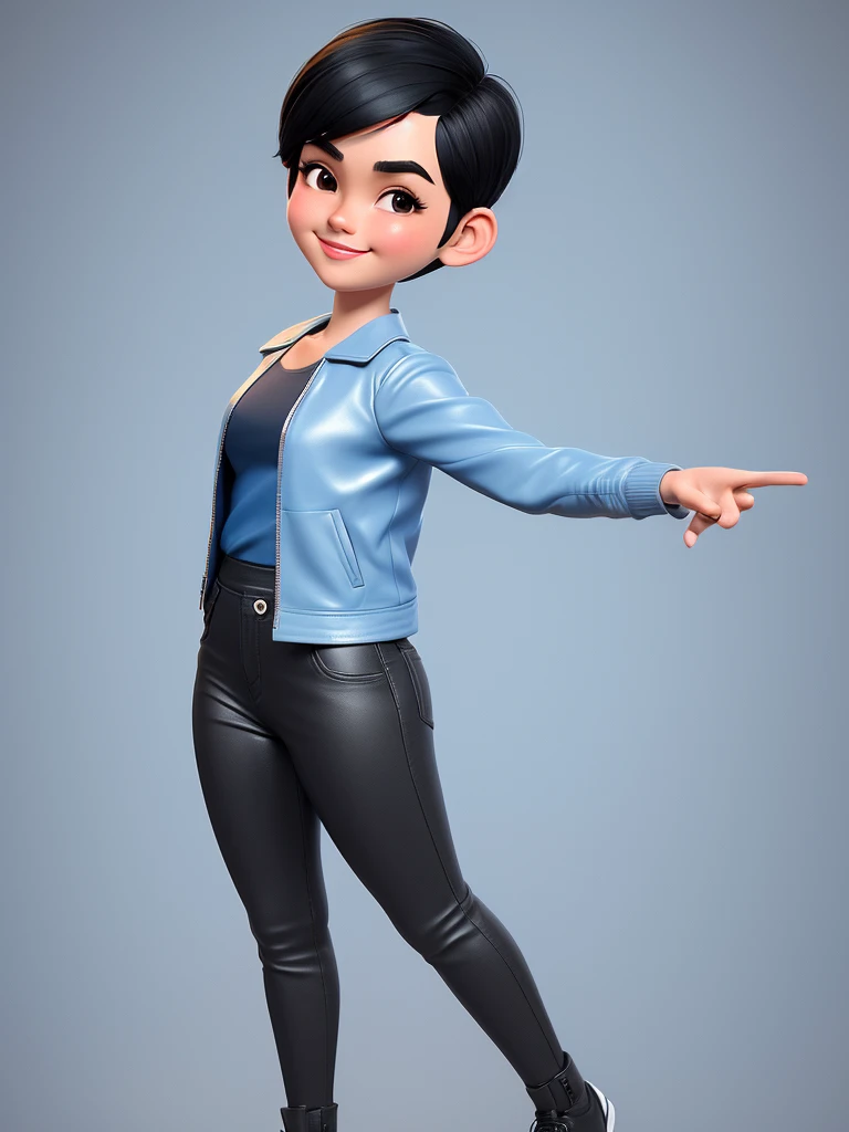 Create a 3D animation of a cartoon caricature with a big head. Full body. A 19 year old Indonesian woman. Her hair is short, black, and pixie cut. Her face is oval with fine lines, thick and neat black eyebrows, small narrow eyes, a small aquiline nose, and thin lips with a wide and friendly smile. She is wearing a light gray leather jacket over a white t-shirt. Gradient blue background with professional lighting. Masterpiece, best quality, highly detailed skin and face, very realistic, high definition, studio lighting, sharp focus, 4/4 body angle, Concept Art, 3D render. 