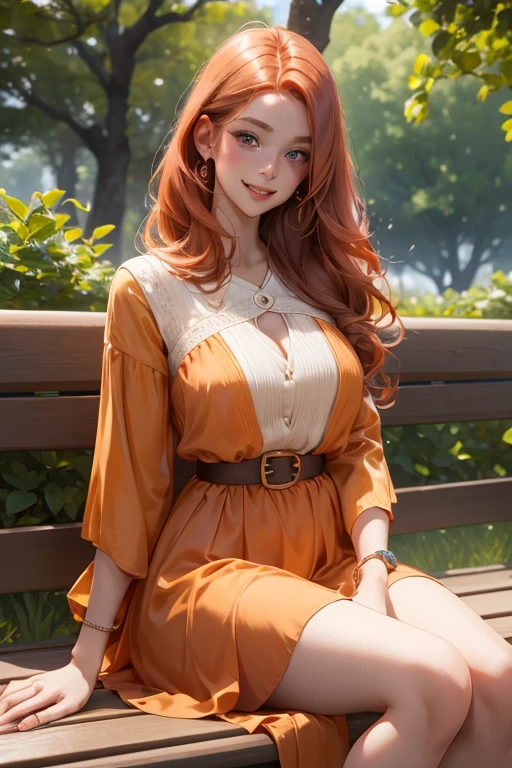perfect face, perfect hands. A copper haired woman with copper eyes and small breasts in a summer dress is blushing on a park bench with a big smile