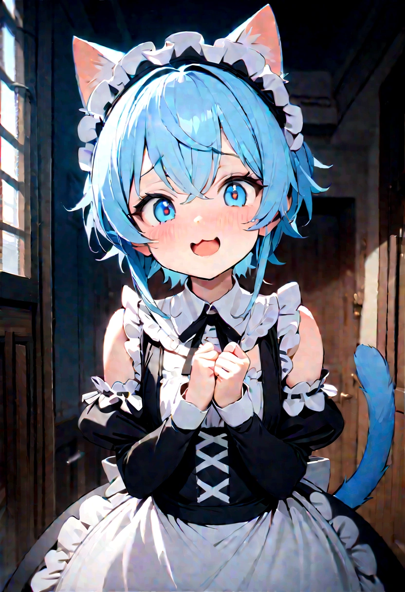 1 boy in maid costume, Shota, Cat ear, Cat&#39;s Tail,,  Embarrassed, (masterpiece), Highest quality, Expressive eyes, Perfect Face, smile, Open your mouth, Full Color, detailed, 8K, 4K, High resolution, Symmetric, Extraordinary cuteness, Best aesthetics, Maid clothes　cute　　Light blue hair　Odd Eye　hoodie　Naughty　sexual behavior　Sex　