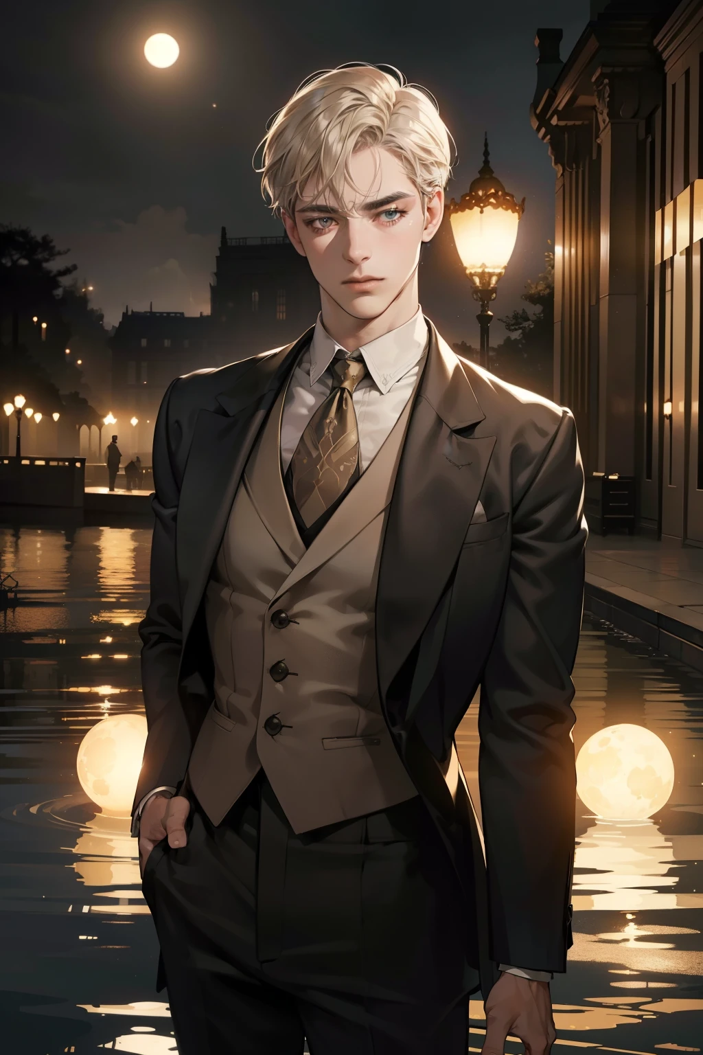 1920s elegant male fashion,handsome man in a 1920s suit,Daisy Buchanan in a elegant chiffon dress,Gatsby mansion,opulent ballroom ,champagne glasses,jazz music,moon over the dock,lights reflecting on the water,dramatic contrast between wealth and moral decay,(best quality,4k,8k,highres,masterpiece:1.2),ultra-detailed,(realistic,photorealistic,photo-realistic:1.37),cinematic lighting,moody atmosphere,intricate details,warm color palette,dramatic shadows