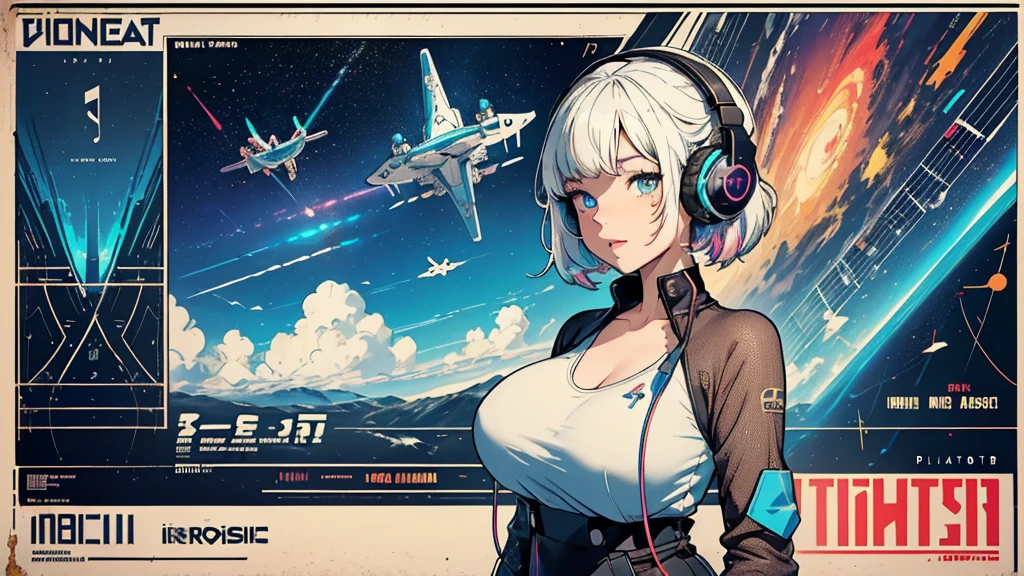 (((masterpiece, Highest quality))),(((alone:1.2))),(((One girl:1.2))),32K Wallpapers, Very detailed, Poster, Vintage science fiction, 1960s,(((((geometric cinematic  Music poster))))), (futuristic), shape,(((Plane composition))), Midcentury Modern, movie Poster, Vintage, Perfect Lady,1970s, Halftone, Speech bubble,(((portfolio,close))),(((Different angles))),(((breast enhancement))),((highlight)),Vast landscape,((((Heterochromia iridis)))),(((completion. Detailed face))),(((Very talented))),(((Wearing headphones))),((Overall colorful))