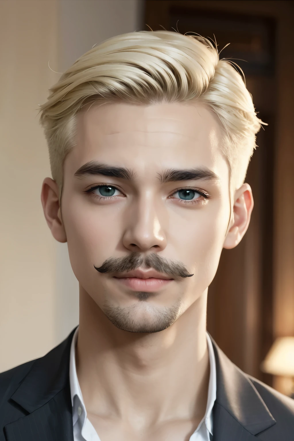 A man with fair skin straight eyebrow
Green eyes with short light blonde hair and a balbo mustache