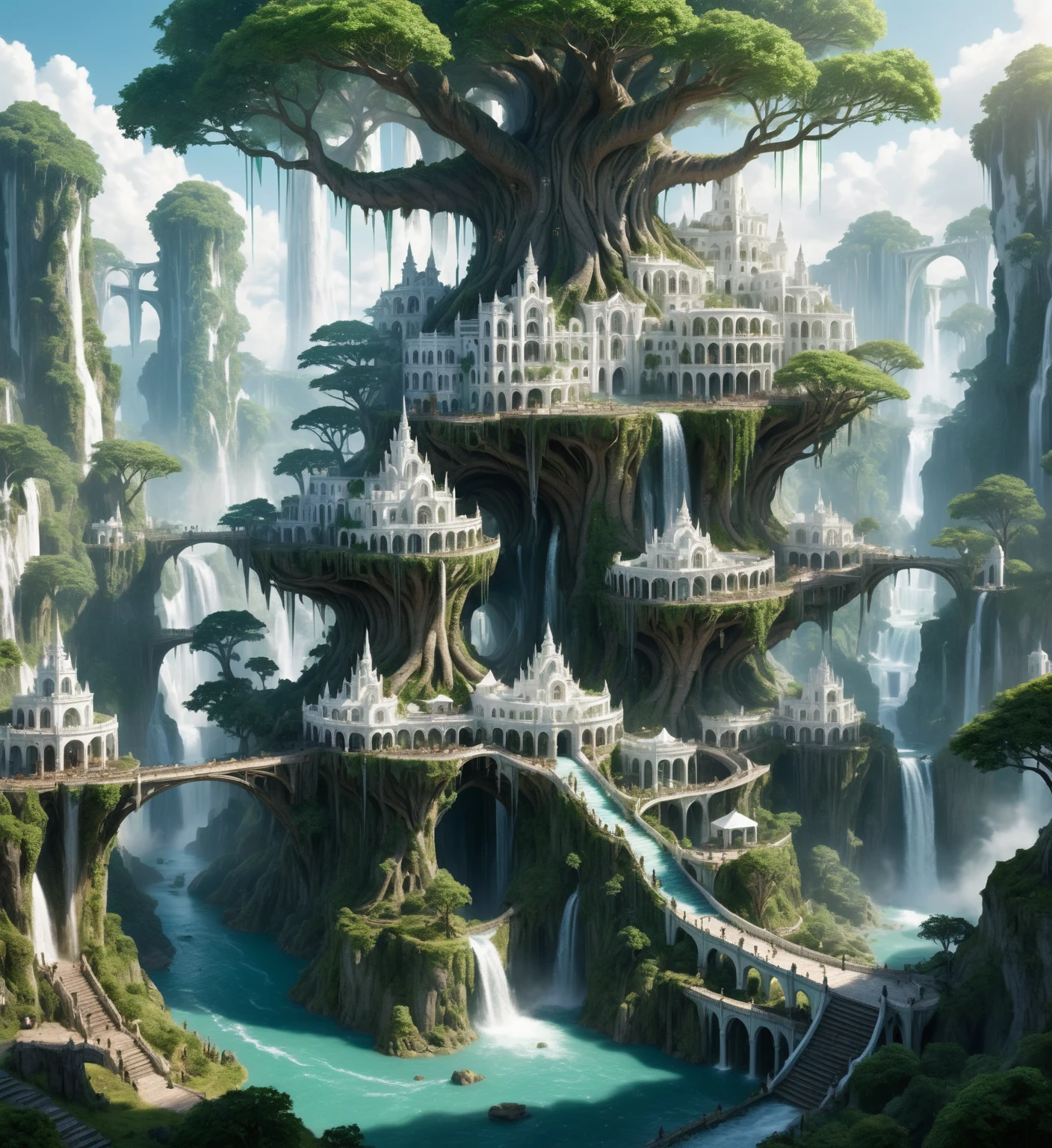 Elf city, built on a large tree, white buildings, with waterfalls, a plantation below the city, a huge staircase in the middle,High Fantasy Realm ral-fntsyrlms