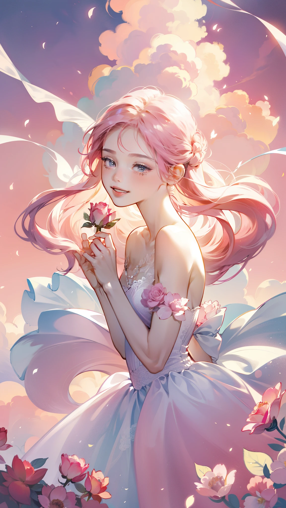 An 18 year old girl is wearing a pink rose, Long hair, whtie sleeveless dress, holding a pink rose. Smell the flowers, Bright fantasy, Surrealism, Michael Cormack, pink, Monochrome tranquility, Bright atmosphere, Sunlight, happiness, happiness, and a smile,