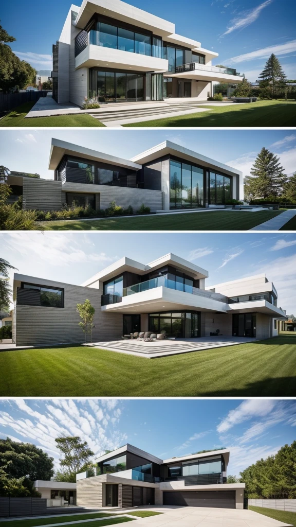 a large modern house with a glass balcony and a large lawn, contemporary architecture, stacked houses, ultra modern, bold architecture, modern architecture, modern architecture design, arhitectural shot, stunning architecture, architectural shot, well-designed masterpiece, modern details, luxury architecture, exterior design, great architecture, layers of architecture, award winning modern design, exquisite architecture, residential