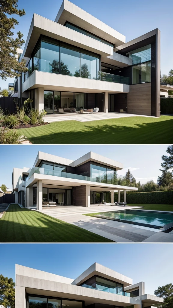 a large modern house with a glass balcony and a large lawn, contemporary architecture, stacked houses, ultra modern, bold architecture, modern architecture, modern architecture design, arhitectural shot, stunning architecture, architectural shot, well-designed masterpiece, modern details, luxury architecture, exterior design, great architecture, layers of architecture, award winning modern design, exquisite architecture, residential
