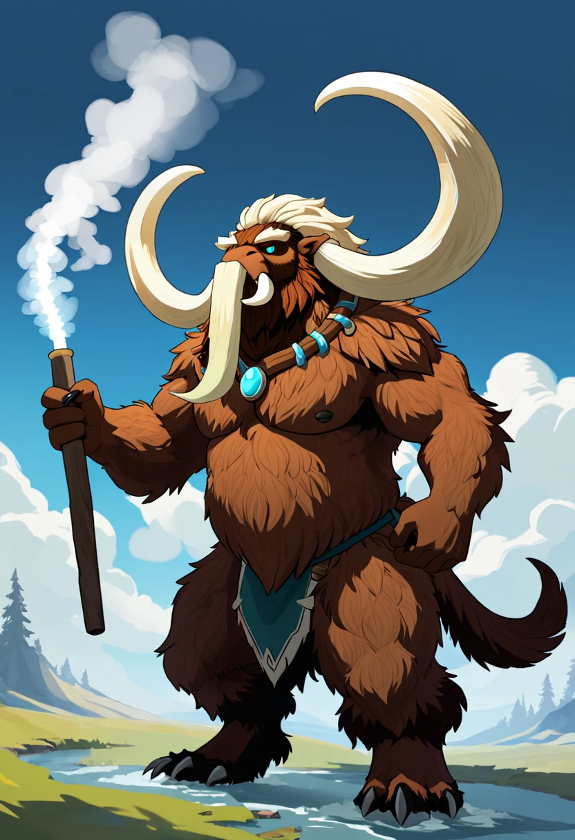 A humanoid anthropamorphic wolly mammoth. In the Style of breath of the wild.