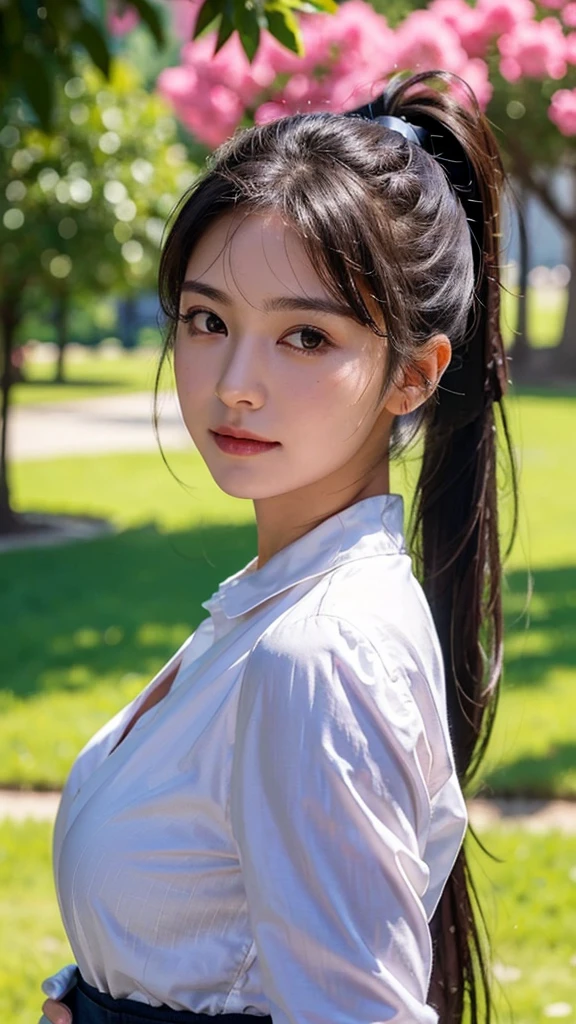 dress,outdoors,Urban Park,On the lawn,One woman,close up face,fully body photo,masutepiece, The highest image quality, High quality, the background is clear,Beautiful woman, Japanese, Detailed, Ultra-detailed, finely detail, hight resolution, 8K Wallpaper, Perfect dynamic composition, Beautiful detailed eyes ,Detailed eyes, Detailed skin, Beautiful skin, 超hight resolution, (reality: 1.4),Very beautiful woman, Slightly younger face, Beautiful skin, slender, (Ultra photo realsisim), (hight resolution), (8K), (Very detailed) (beautifully detailed eyes), (super detailed), (Detailed face), view the viewer, Fine details, Detailed face, Staring straight ahead, Staring straight ahead, photos realistic, Bright lighting, Professional Lighting, Black hair,poneyTail,a baby face,sixteen years old,Hairstyle: ponytail,Long ponytail hairstyle,slight smile,