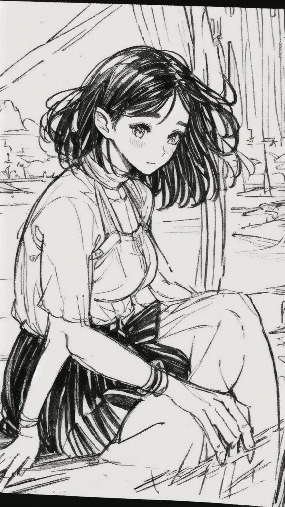 One Girl,Line art,Monochrome,sketch,Pencil drawing,Traditional Media,One Girl, skirt,Cute Teenage Girls, ,Beautiful portrait、Delicate body、Black Hair、Black Hair,landscape