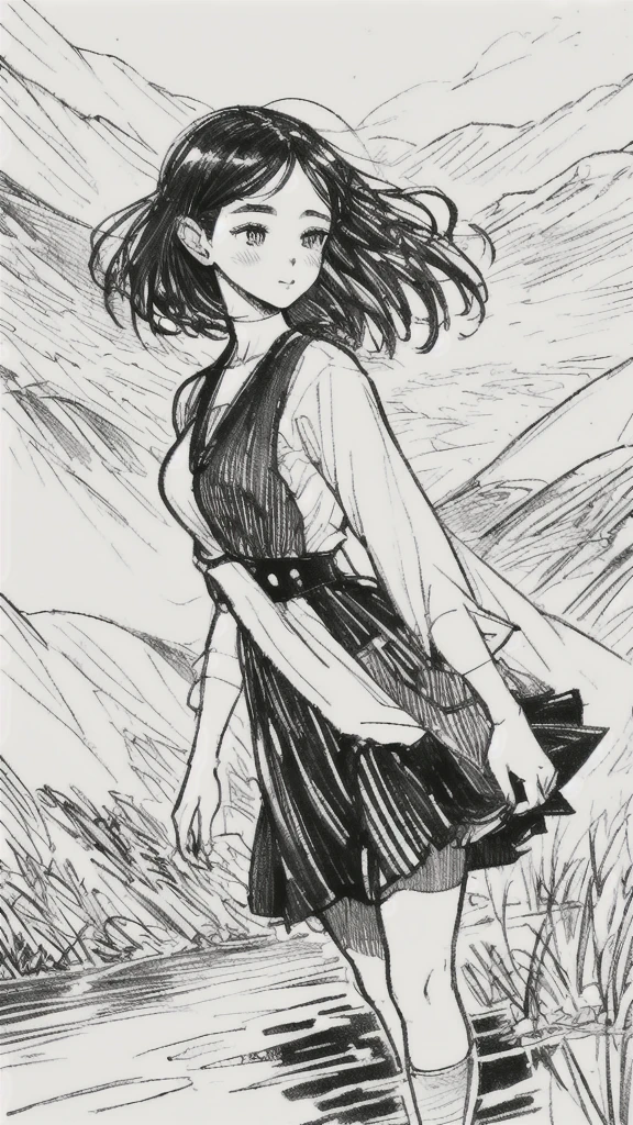 One Girl,Line art,Monochrome,sketch,Pencil drawing,Traditional Media,One Girl, skirt,Cute Teenage Girls, ,Beautiful portrait、Delicate body、Black Hair、Black Hair,landscape