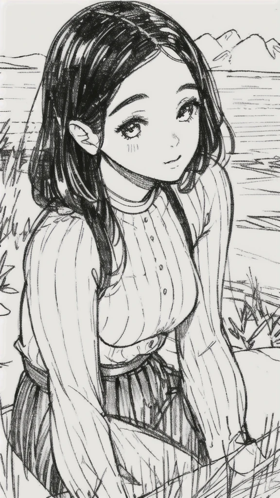 One Girl,Line art,Monochrome,sketch,Pencil drawing,Traditional Media,One Girl, skirt,Cute Teenage Girls, ,Beautiful portrait、Delicate body、Black Hair、Black Hair,landscape