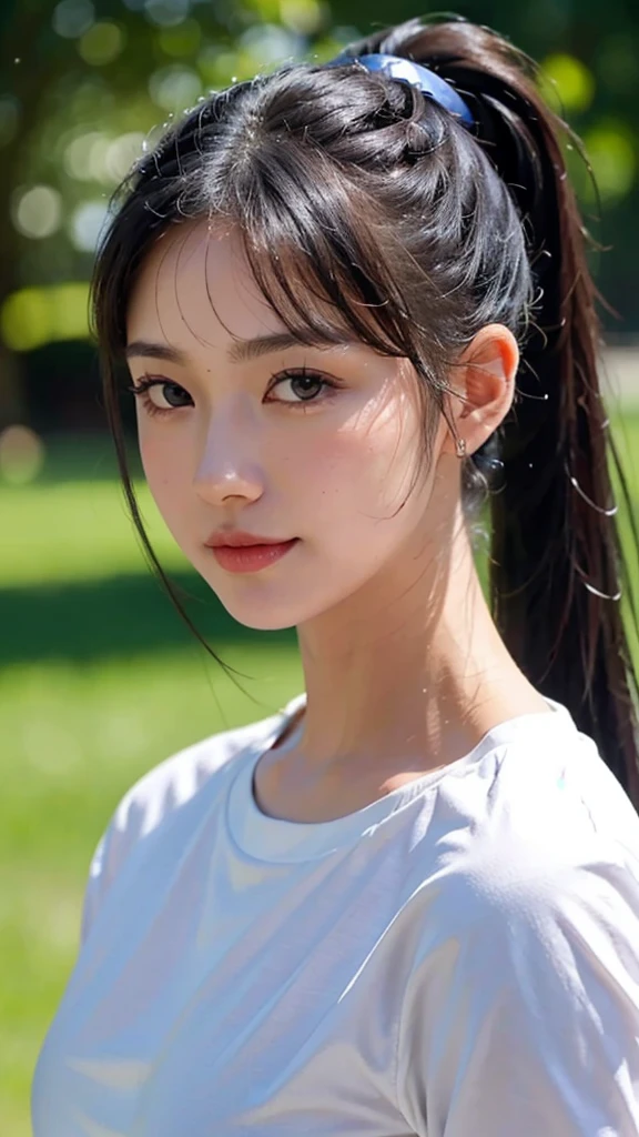 dress,outdoors,Urban Park,On the lawn,One woman,close up face,fully body photo,masutepiece, The highest image quality, High quality, the background is clear，Beautiful woman, Japanese, Detailed, Ultra-detailed, finely detail, hight resolution, 8K Wallpaper, Perfect dynamic composition, Beautiful detailed eyes ,Detailed eyes, Detailed skin, Beautiful skin, 超hight resolution, (reality: 1.4),Very beautiful woman, Slightly younger face, Beautiful skin, slender, (Ultra photo realsisim), (hight resolution), (8K), (Very detailed) (beautifully detailed eyes), (super detailed),   (Detailed face), view the viewer, Fine details, Detailed face, Staring straight ahead, Staring straight ahead, photos realistic, Bright lighting, Professional Lighting, Black hair,poneyTail,a baby face,sixteen years old,Hairstyle: ponytail,Long ponytail hairstyle,slight smile,