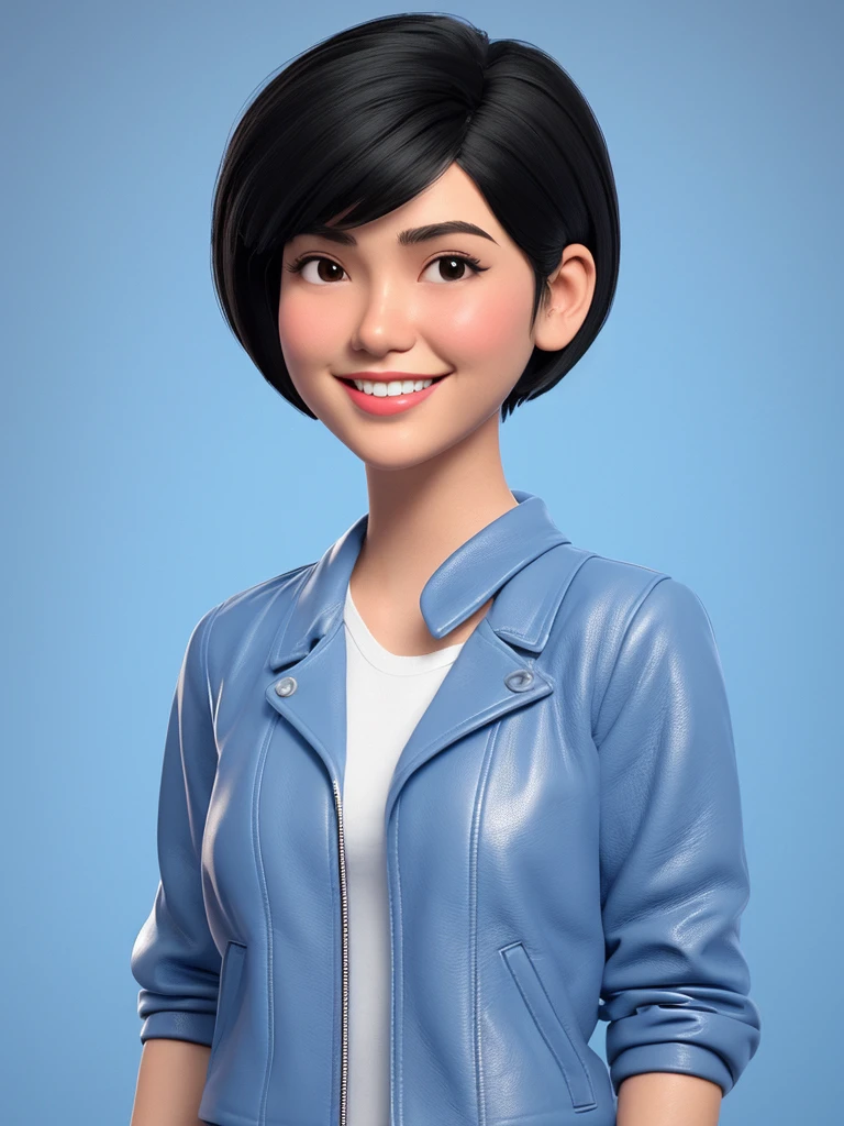 Create a 3D animation of a cartoon caricature with a big head. Full body. A 19 year old Indonesian woman. Her hair is short, black, and pixie cut. Her face is oval with fine lines, thick and neat black eyebrows, small narrow eyes, a small aquiline nose, and thin lips with a wide and friendly smile. She is wearing a light gray leather jacket over a white t-shirt. Gradient blue background with professional lighting. Masterpiece, best quality, highly detailed skin and face, very realistic, high definition, studio lighting, sharp focus, 4/4 body angle, Concept Art, 3D render.