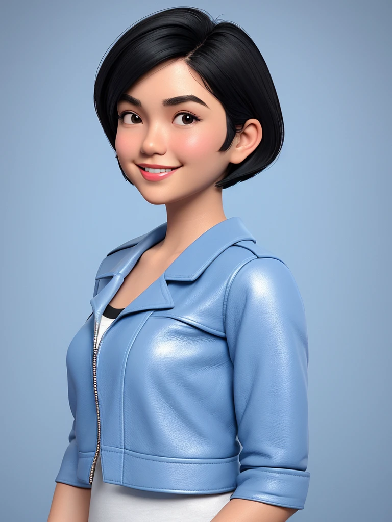 Create a 3D animation of a cartoon caricature with a big head. Full body. A 19 year old Indonesian woman. Her hair is short, black, and pixie cut. Her face is oval with fine lines, thick and neat black eyebrows, small narrow eyes, a small aquiline nose, and thin lips with a wide and friendly smile. She is wearing a light gray leather jacket over a white t-shirt. Gradient blue background with professional lighting. Masterpiece, best quality, highly detailed skin and face, very realistic, high definition, studio lighting, sharp focus, 4/4 body angle, Concept Art, 3D render. 