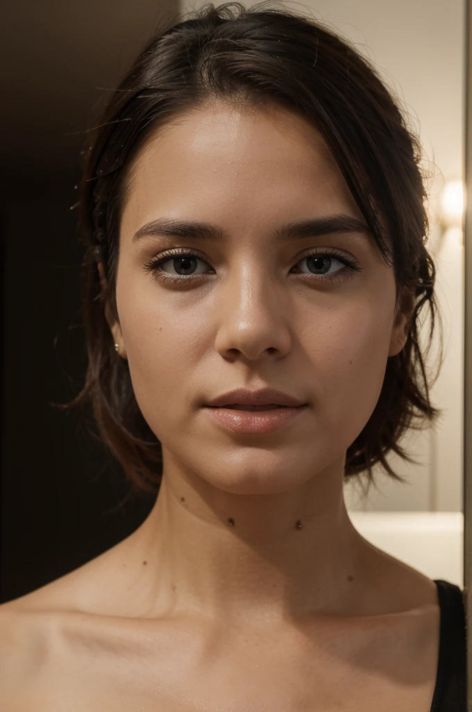 ((best quality, 8k, head of'artwork :1.3)) latina hispanic, the whole body, sharpness :1.2, A pretty woman with a perfect figure :1.4, Slim abs :1.2, ((Dark brown hair, big breasts :1.2)), body dress :1.1, (Night view of the city, Balcon moderne :1.1), Highly detailed face and skin texture, Detailed eyes, Double eyelid, Small bust, Uniforme OL, Bureau Wear, t-shirt blanc, Exposed neckline, (Black tights), (No panties), scene of'interior, Bureau