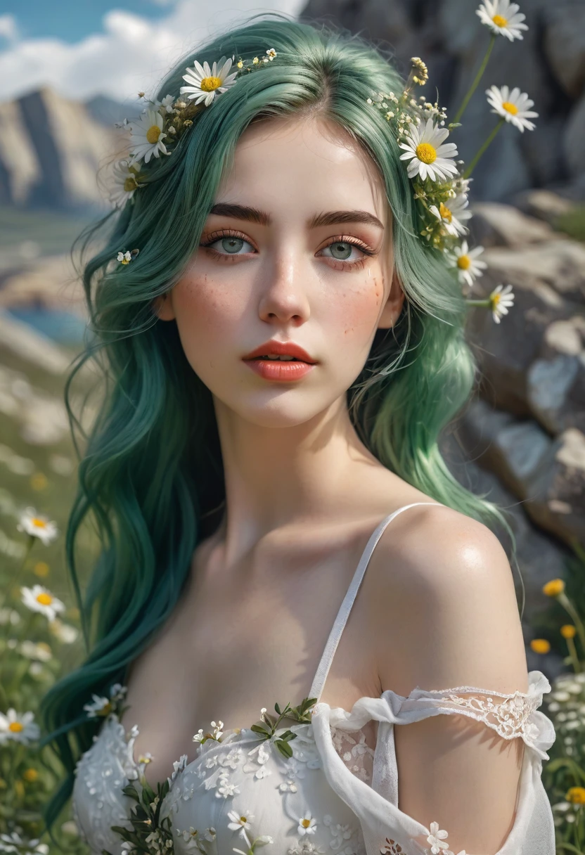a beautiful woman with pale skin, with green hair on which there are many daisies growing, in the woman's hair there are daisies growing, her hair is like grass, a woman in a white dress, slender, walking along mountain rocks, a masterpiece, (best quality, 4k, 8k, highres, masterpiece:1.2),ultra-detailed,(realistic,photorealistic,photorealistic:1.37),detailed eyes,detailed lips,extremely detailed face,long eyelashes,natural lighting,intricate details,fantastic portrait,ethereal,serene,detailed skin texture,flowing dress, delicate flowers