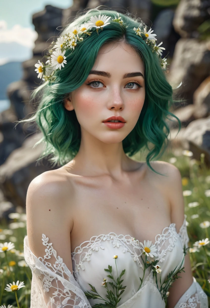 a beautiful woman with pale skin, with green hair on which there are many daisies growing, in the woman's hair there are daisies growing, her hair is like grass, a woman in a white dress, slender, walking along mountain rocks, a masterpiece, (best quality, 4k, 8k, highres, masterpiece:1.2),ultra-detailed,(realistic,photorealistic,photorealistic:1.37),detailed eyes,detailed lips,extremely detailed face,long eyelashes,natural lighting,intricate details,fantastic portrait,ethereal,serene,detailed skin texture,flowing dress, delicate flowers
