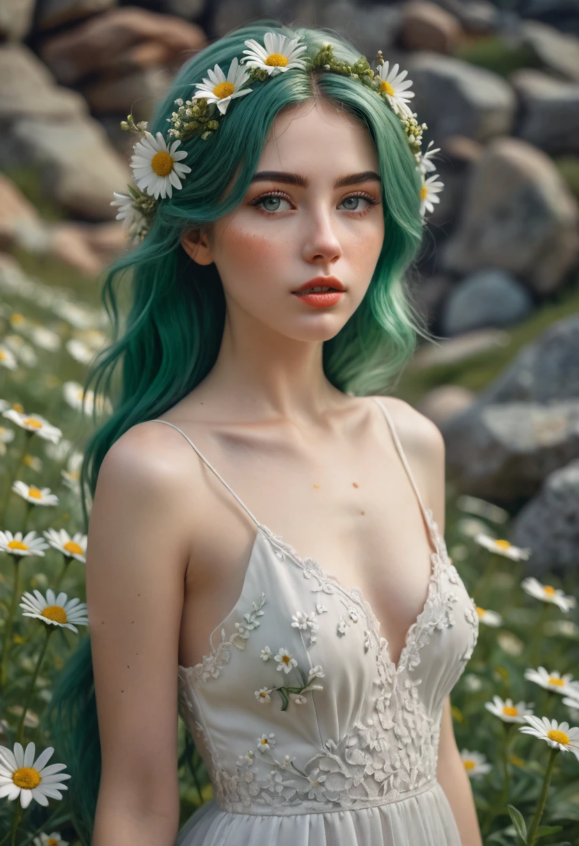 a beautiful woman with pale skin, with green hair on which there are many daisies growing, in the woman's hair there are daisies growing, her hair is like grass, a woman in a white dress, slender, walking along mountain rocks, a masterpiece, (best quality, 4k, 8k, highres, masterpiece:1.2),ultra-detailed,(realistic,photorealistic,photorealistic:1.37),detailed eyes,detailed lips,extremely detailed face,long eyelashes,natural lighting,intricate details,fantastic portrait,ethereal,serene,detailed skin texture,flowing dress, delicate flowers