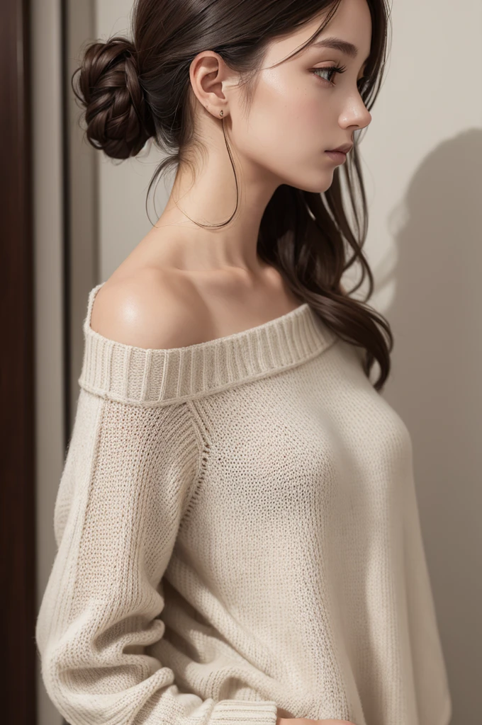 ((best qualityer)), ((work of art)), (detailded), 1 girl, shoulder to shoulder sweater, 