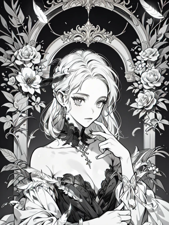 (masterpiece, top quality, best quality, official art, beautiful and aesthetic:1.2), (1girl:1.3), extremely detailed,(fractal art:1.1),(colorful:1.1)(flowers:1.3),highest detailed,(zentangle:1.2), (dynamic pose), (abstract background:1.3), (shiny skin), (many colors:1.4), ,(earrings), (feathers:1.5), nsfw:1.5, cyber sttyle girl, 1girl, solo, short hair, in nightclub ,bar, bare shoulders, BREAK, rainbow hair,long hair, breasts out:2,portrait, (from above:1.2), medium breasts, beautiful breasts, monochrome, greyscale, midjourney