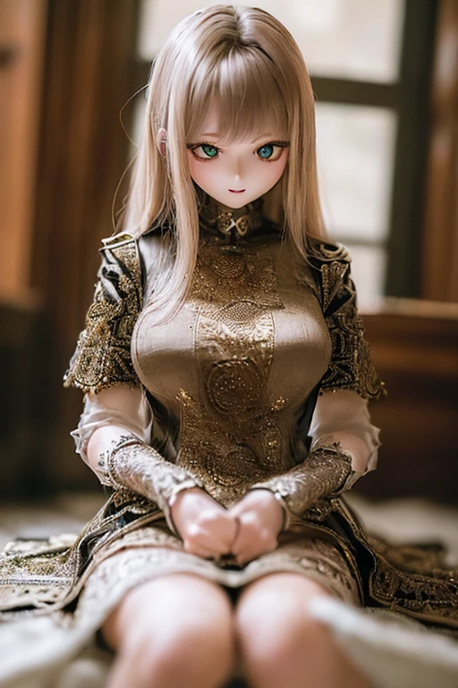 photorealistic, realistic photo, ((highest quality)), ((masterpiece)), detailed, kukolnydom, doll, (mature woman, 22yo, 22 years old:1.7), solo, eye level shot, sitting on sofa, hands on knees, green eyes, (looking down, blank eyes, empty eyes, detailed eyes, detailed face:1.3), light smile, dress, museum, 8k