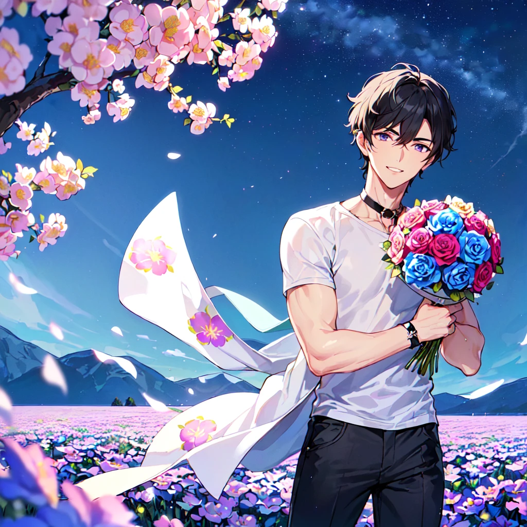 masterpiece,best quality,high quality,(1 male austere handsome solo adult age 30 years old:1.5), purple eyes, cool with suspended eyes, V-shaped eyebrows, body strong and fearless 8.5 head tall, height 185cm, (well-groomed black short hair down to neck:1.4), (bangs 7 thirds parted:1.4), slender nose, facial muscles, throat, (pants with summer flower prints summer fashion:1.3), (holding a bouquet of summer flowers), (stylish pose), (fearless smile:1.3), (background summer flower field:1.3), (Night Sky:1.3)