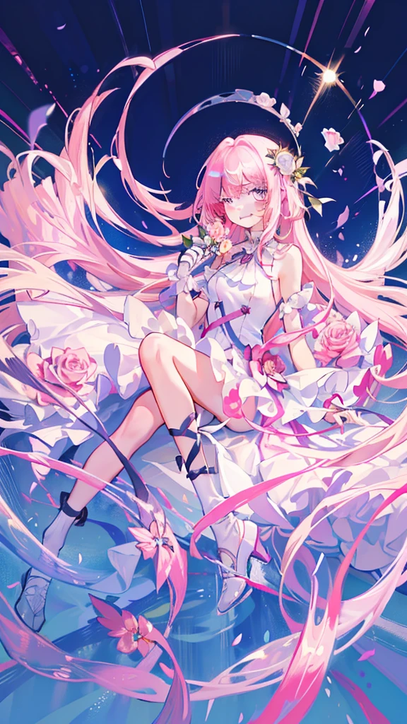 An 18 year old girl is wearing a pink rose, Long hair, whtie sleeveless dress, holding a pink rose. Smell the flowers, Bright fantasy, Surrealism, Michael Cormack, pink, Monochrome tranquility, Bright atmosphere, Sunlight, happiness, happiness, and a smile,