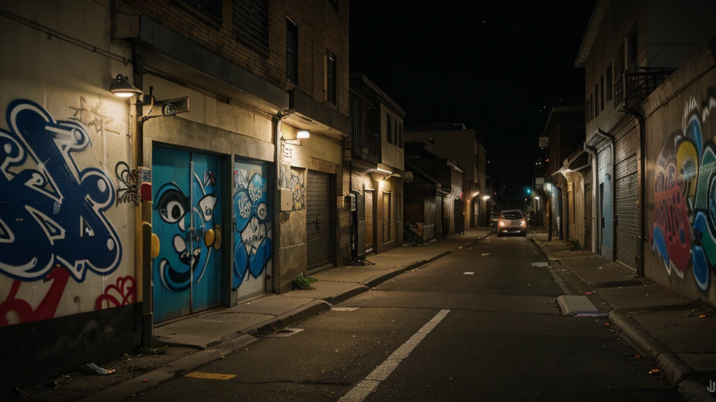 passing cars, city, graffiti, alley, lighting