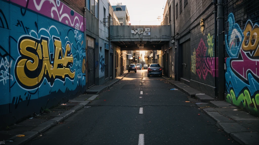 passing cars, city, graffiti, alley, lighting