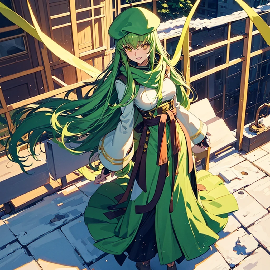1girl, c.c. (large breasts:1.2), green hair, yellow eyes, standing, very long hair, (happy, giggles:1.1), winter gloves, coat, scarf, warm hat, winter hat, (warm clothes:1.1), (winter clothes:1.15), intricate details, winter, snow, cold, cold colors,steam, outdoorswinter streets