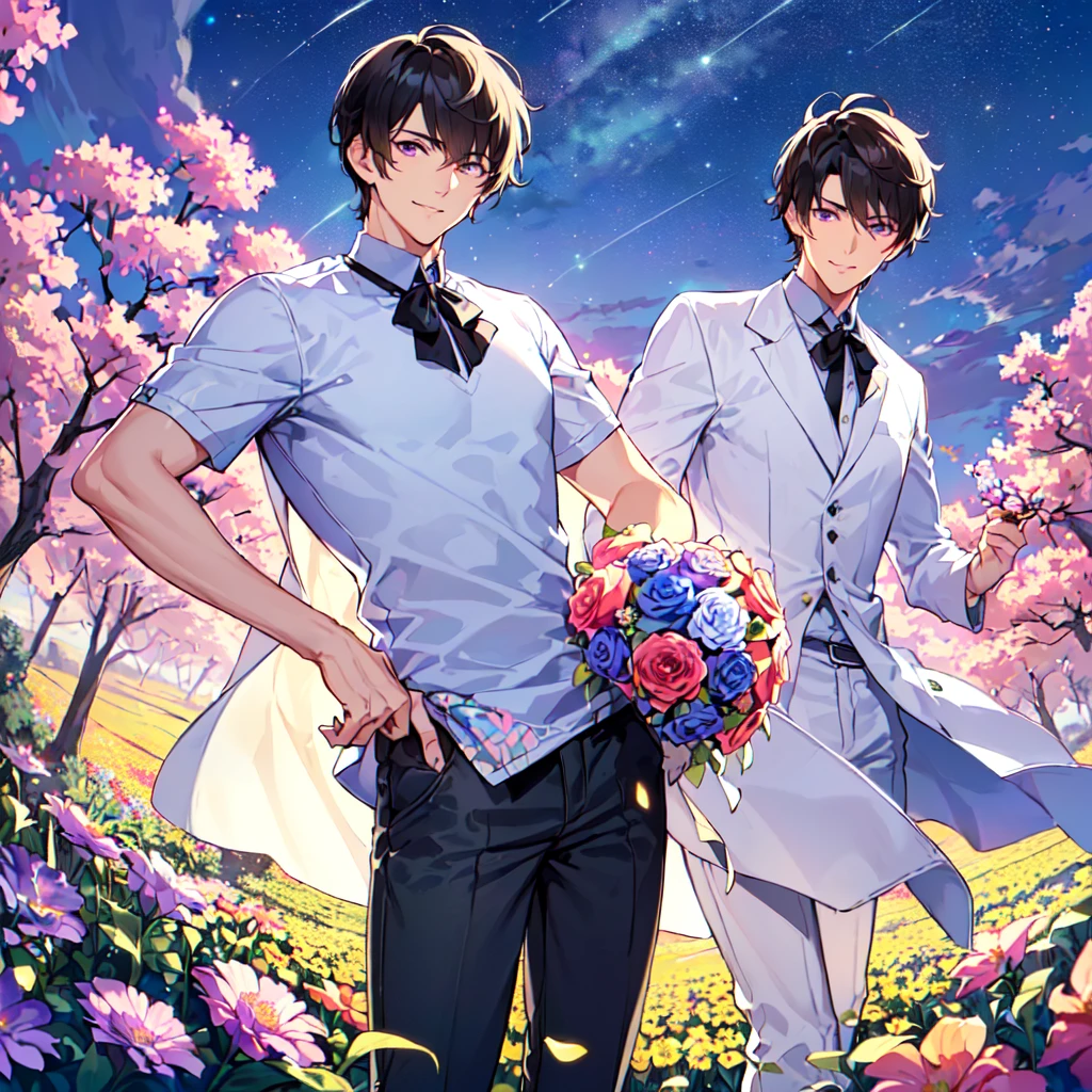 masterpiece,best quality,high quality,(1 male austere handsome solo adult age 30 years old:1.5), purple eyes, cool with suspended eyes, V-shaped eyebrows, body strong and fearless 8.5 head tall, height 185cm, (well-groomed black short hair down to neck:1.4), (bangs 7 thirds parted:1.4), slender nose, facial muscles, throat, (pants with summer flower prints summer fashion:1.3), (holding a bouquet of summer flowers), (stylish pose), (fearless smile:1.3), (background summer flower field:1.3), (Night Sky:1.3)