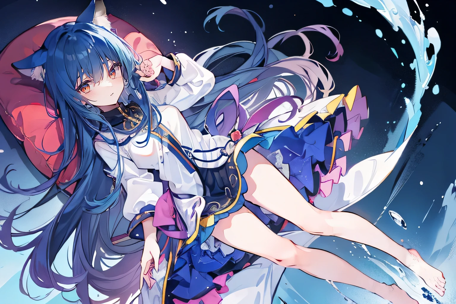 (masterpiece:1.2),Super detailed,lifelike,Expressive eyes,fair skin,perfect face shape,1 girl,
Japanese comics,Gorgeous blue hair,flowing blue hair,flowing clothes,Cat ears,Petals fall,beautiful lola,Baby Angel,
Shaking head with one hand,Cross your legs,Gentle and peaceful background,The pavilion is cool and comfortable,smile, wearing hoodie, background of tokyo,back views,snowing, winter,lie on the water,Lying on the ground。Dark blue gradient hair,asymmetrical hair,((Hair is very thick 1.8,Chiseled hair 1.6)), Hair over the shoulders, Messy hair, Very long hair, shiny hair,(long dark blue hair:1.2),A beautiful girl,(Transparent clothes transparent 1.8),Perfect body,Big thin legs,slender,(Looks very sad,Looks haggard ,sadness,shut your mouth:1.2) Against the backdrop of an unusually bright dark starry sky,(Put your hands behind your back),(round,Room, Strong breasts),barefoot,float,water surface,(long legs,long legs,long legs,Complete)