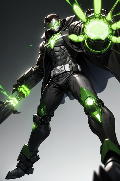 ((best quality)), ((masterpiece)), (detailed), 1 man, full body, 30s, masked, long brown hair slicked back, white superhero mask with green details, small diamond on forehead, glowing green eyes, black collar, tall, thin, long dark grey trench coat, open grey trench coat showing his chest, black gloves, grey wristbands, suit, white shirt, dark green suit vest, black pants, grey knee pads, metallic black shoes, belt, large army of robots behind him, robots with claws and long arms, floating, green flashes of light, background with green lights, anime