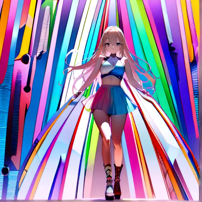 colorful theme, 1girl, singer, idol, looking at viewer, dynamic composition, standing, styled croptop, skirt, cut out clothes, ultra detailed, best quality, sharp focus, natural lighting, "AI Works" magazine cover, aespakarina,chimai,chimaiv7
