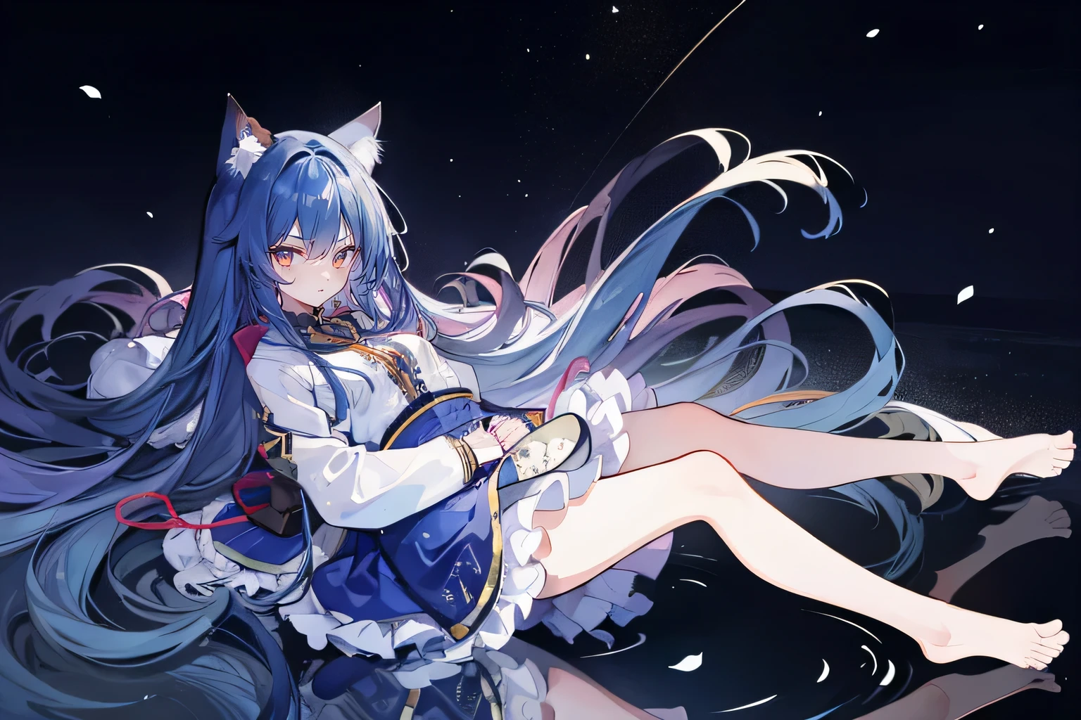 (masterpiece:1.2),Super detailed,lifelike,Expressive eyes,fair skin,perfect face shape,1 girl,
Japanese comics,Gorgeous blue hair,flowing blue hair,flowing clothes,Cat ears,Petals fall,beautiful lola,Baby Angel,
Shaking head with one hand,Cross your legs,Gentle and peaceful background,The pavilion is cool and comfortable,smile, wearing hoodie, background of tokyo,back views,snowing, winter,lie on the water,Lying on the ground。Dark blue gradient hair,asymmetrical hair,((Hair is very thick 1.8,Chiseled hair 1.6)), Hair over the shoulders, Messy hair, Very long hair, shiny hair,(long dark blue hair:1.2),A beautiful girl,(Transparent clothes transparent 1.8),Perfect body,Big thin legs,slender,(Looks very sad,Looks haggard ,sadness,shut your mouth:1.2) Against the backdrop of an unusually bright dark starry sky,(Put your hands behind your back),(round,Room, Strong breasts),barefoot,float,water surface,(long legs,long legs,long legs,Complete)