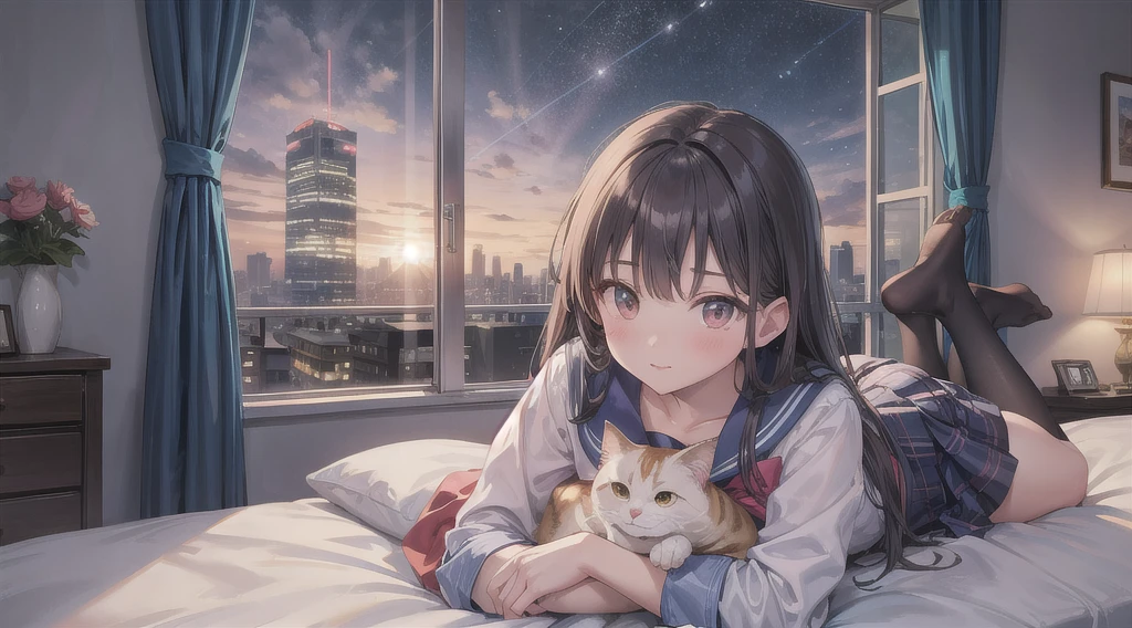 Highest quality(8k)masterpiece、Time: Night(2.0)Lying on a bed by the window, holding a cute calico cat(2.0)、Clothing is high school uniform(1.8)The night view can be seen from the window(1.8)、A room in a high-rise apartment with very large windows(1.8)It's dim in the room.(1.8)、猫はSuper detailed、Identifying each and every hair(2.0)、One girl、Very cute、Best Style、Hairstyle(long(1.8))The room is a high school girl's room(1.8)、There are no curtains、17age、Firm and refreshing々Fresh skin。Plump legs、eye(Super detailed 1.8)Wearing makeup(2.0)
