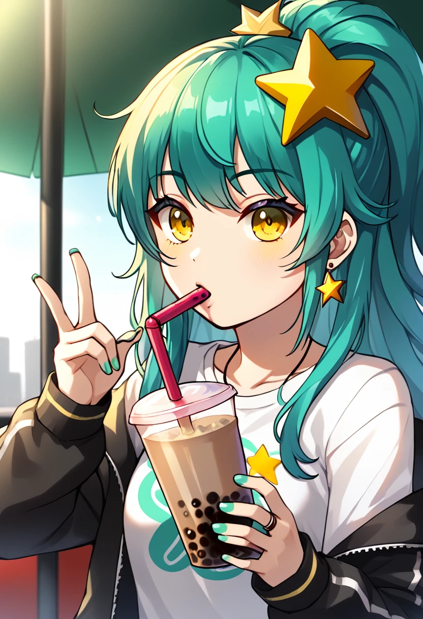 Girl with long dark turquoise hair, yellow eyes, yellow star pin in her head, drinking one bubble tea