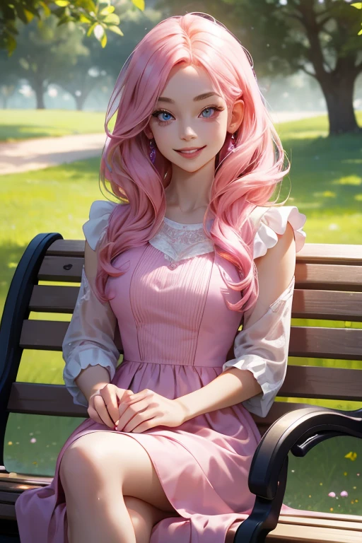 perfect face, perfect hands. A pink haired woman with violet eyes and and hourglass figure in a summer dress is smiling on a park bench