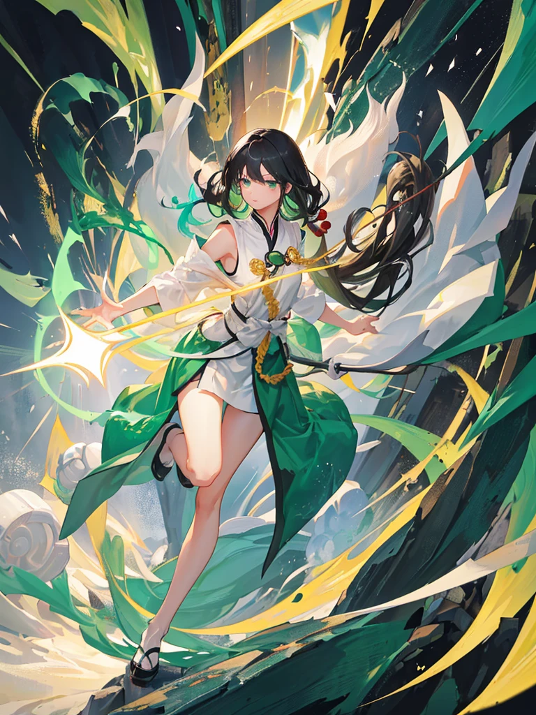 an Adult female, strong, green eyes, long hair, smoky color hair, resolute eyes, white Taoist Taoist uniform, black accessories, sarashi, one shoulderancient, Chinese mix morden, full body, 8K, ultra HD, HDR, blank background, remove background
