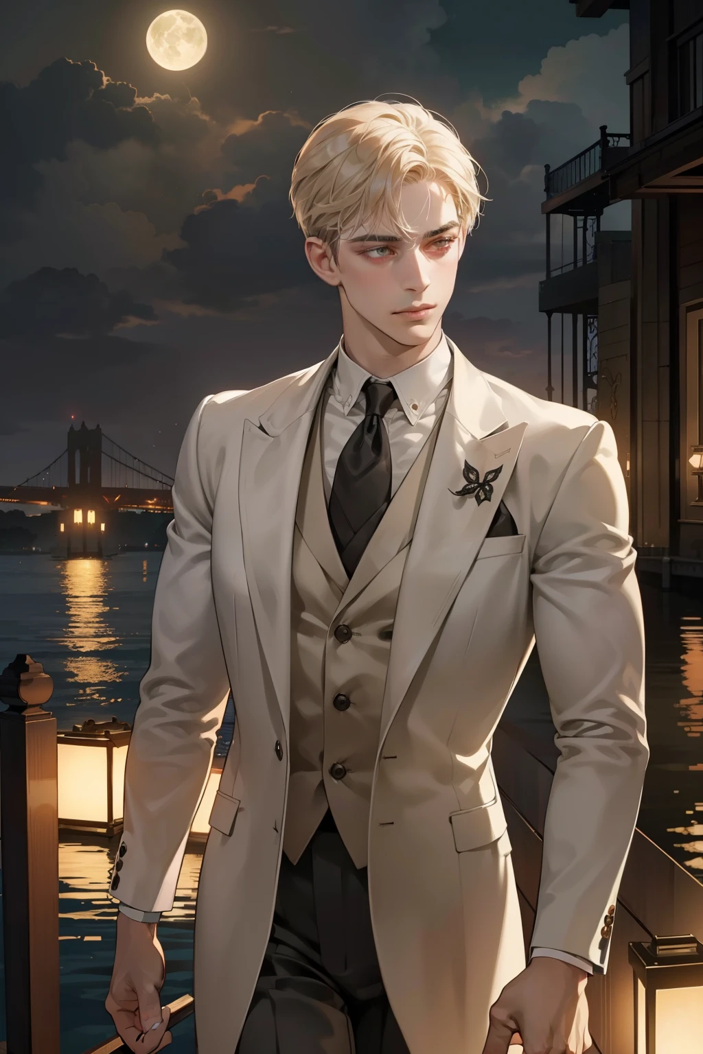 1920s elegant male fashion,handsome man in a 1920s suit,Daisy Buchanan in a elegant chiffon dress,Gatsby mansion,opulent ballroom party,champagne glasses,jazz music,moon over the dock,lights reflecting on the water,dramatic contrast between wealth and moral decay,(best quality,4k,8k,highres,masterpiece:1.2),ultra-detailed,(realistic,photorealistic,photo-realistic:1.37),cinematic lighting,moody atmosphere,intricate details,warm color palette,dramatic shadows