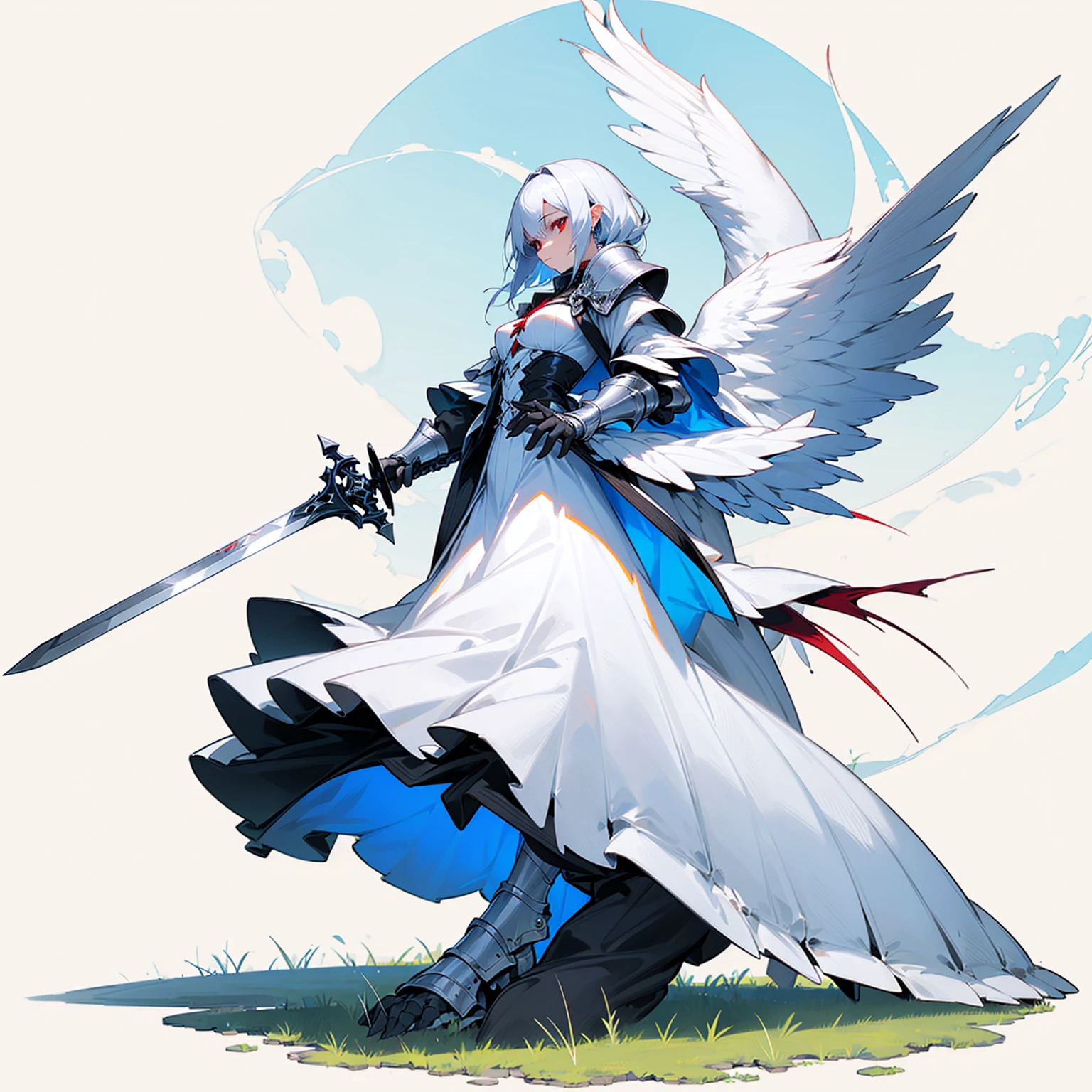(Random Evolution, Colossal white bird mixed Vampire), silver armor body, (carrying a sword), full body version, (silver hands), full blue colour skins, (red eyes), (Grassroots), no background