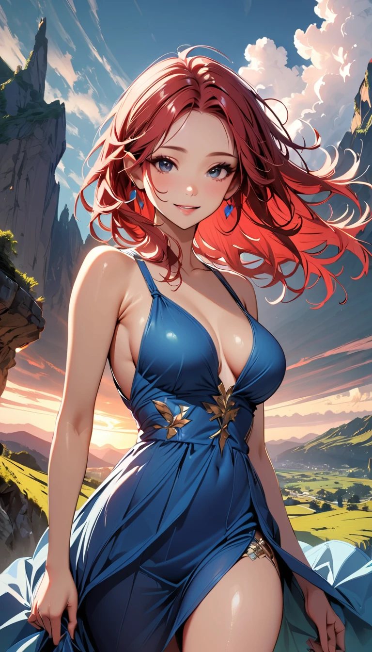 (highest quality:1.2), Very detailed, Vibrant, digital coloring, High Contrast, masterpiece:1.2, highest quality, Best aesthetics, 1 female, red Hair, single braid, messy hair, (((Blue Dress:1.2))), (fantasy landscape:1.4), Bright lighting, Beautiful world, New World, Blown by the gentle wind, (hot gaze, Hot, Rui々Beautiful lips, Glossy, Open Mouth, Leaking sigh), Accurate, Textured skin, Cowboy Shot, seductive smile, The beauty and danger of growing from a girl to an adult, A symbol of miraculous beauty.