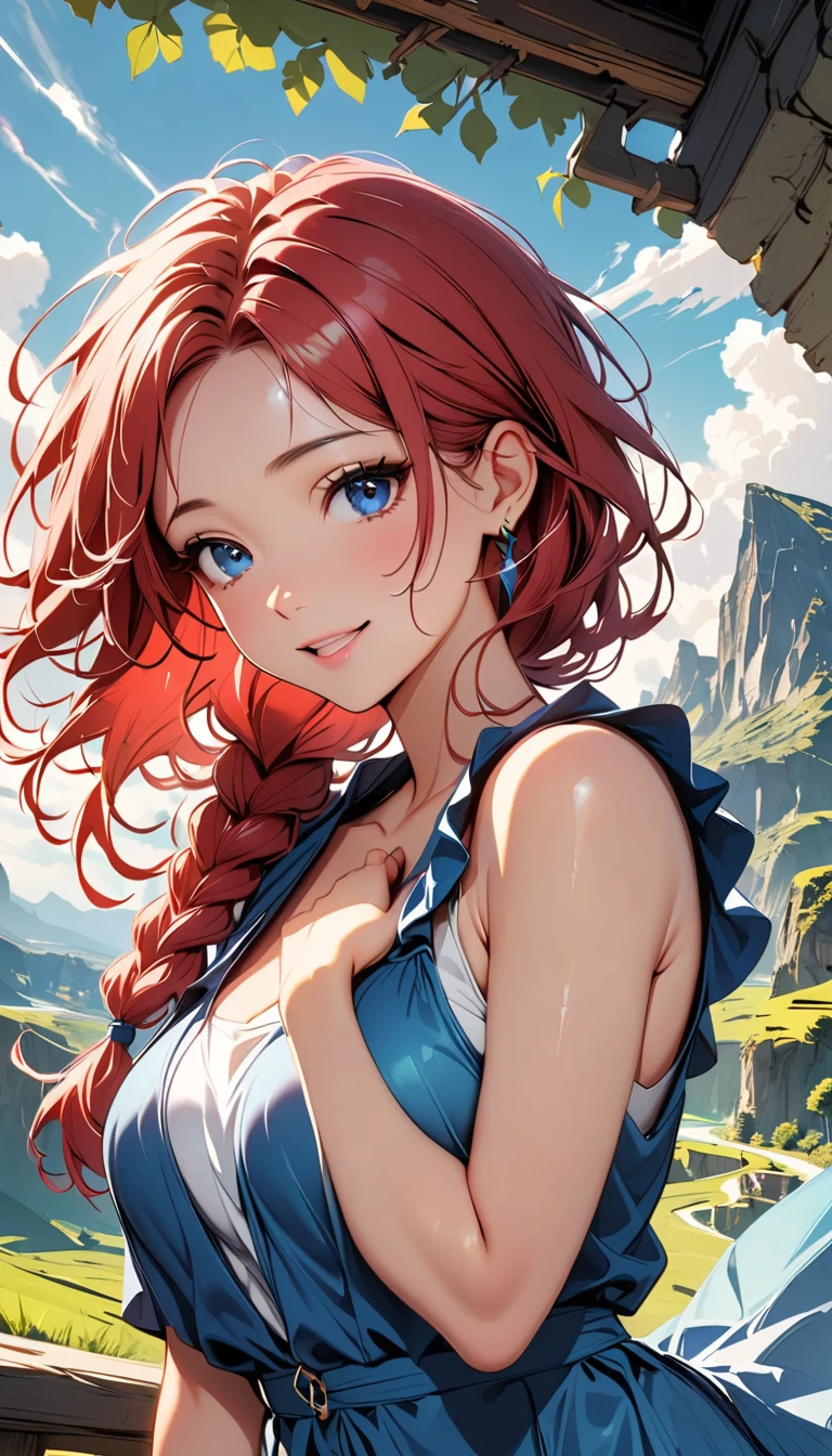 (highest quality:1.2), Very detailed, Vibrant, digital coloring, High Contrast, masterpiece:1.2, highest quality, Best aesthetics, 1 female, red Hair, single braid, messy hair, (((Blue Dress:1.2))), (fantasy landscape:1.4), Bright lighting, Beautiful world, New World, Blown by the gentle wind, (hot gaze, Hot, Rui々Beautiful lips, Glossy, Open Mouth, Leaking sigh), Accurate, Textured skin, Cowboy Shot, seductive smile, The beauty and danger of growing from a girl to an adult, A symbol of miraculous beauty.