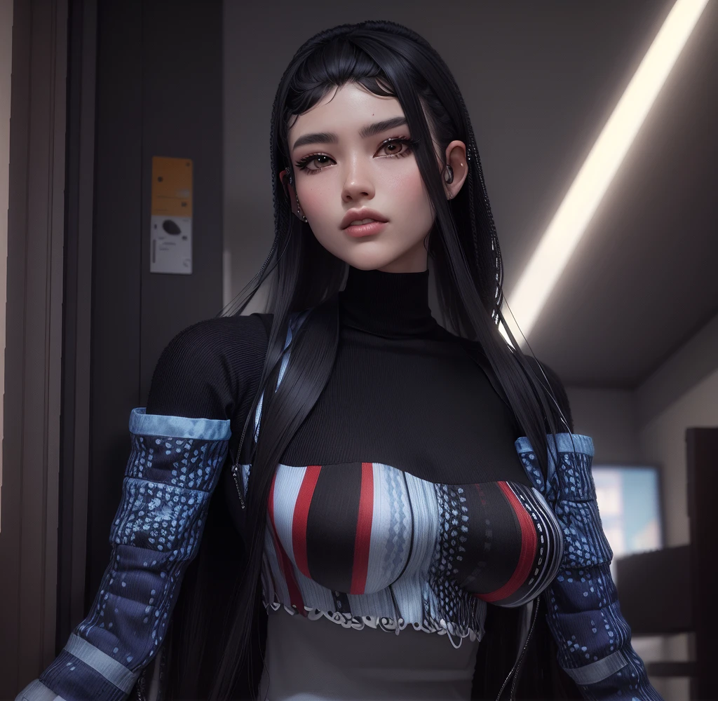 AVATAR SECOND LIFE korean girl colorfull jacket , asiática Bblack hair, Bblack hair, Bblack hair, Perfect and detailed face, imvu, maximalist details, AVATAR SECOND LIFE Korean blouse and pants , neon, cabel opreto, long socks