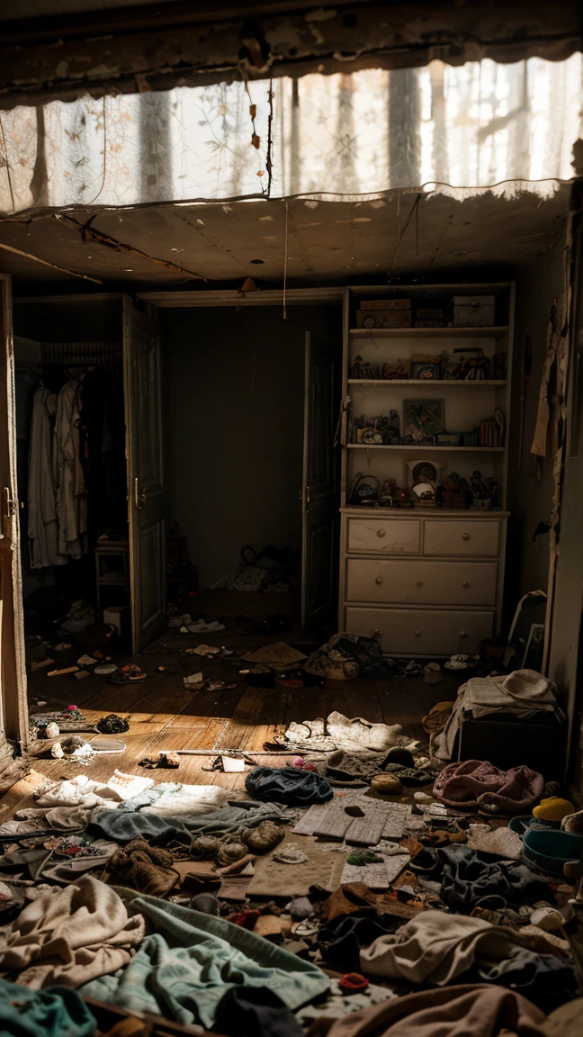  BACKGROUND A gloomy bedroom, bed with old and stained mattress, torn and dirty sheets, closet with rickety doors, Broken mirrors, old and disturbing toys scattered on the floor, walls with decomposing children&#39;s drawings, a broken window through which a cold, wet breeze comes in